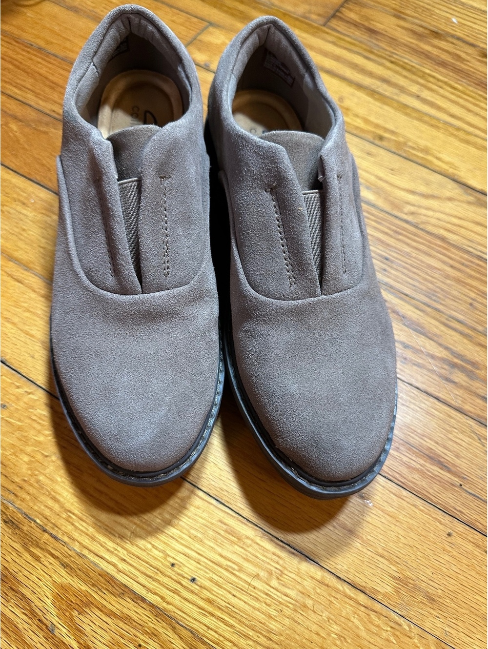Clark’s Airabell Sky Tan Suede Wedge Loafers Size 7 Shoe Leather,Comfort Insole